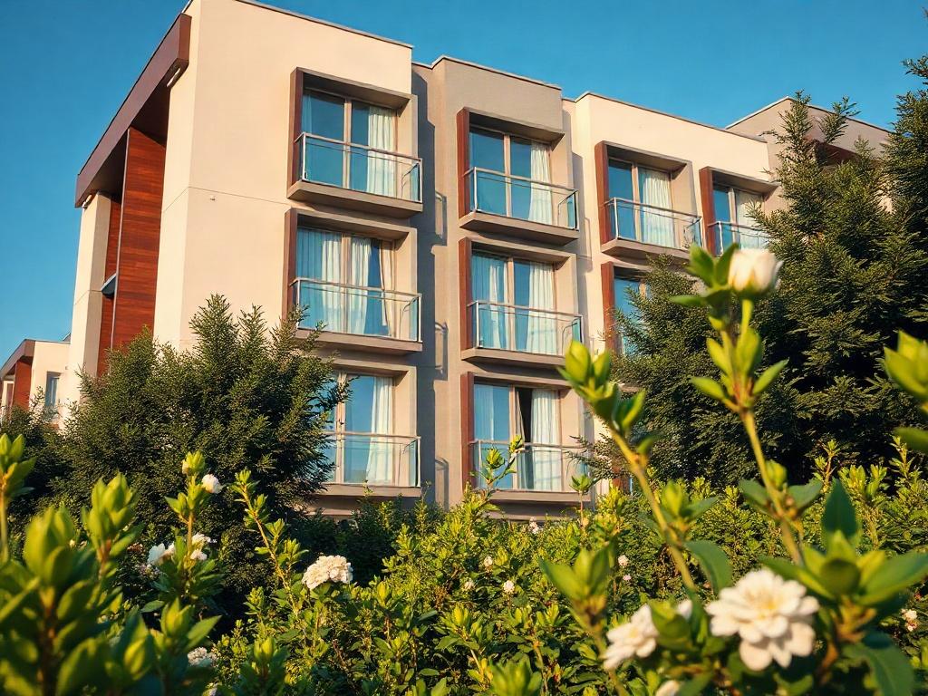A close-up shot of a modern residential building with lush greenery surrounding it, showcasing a well-maintained property. The image should have a warm, inviting color palette, capturing the essence of a successful investment. The focus should be on the building's architecture, with a clear blue sky in the background, emphasizing the quality and appeal of the property.