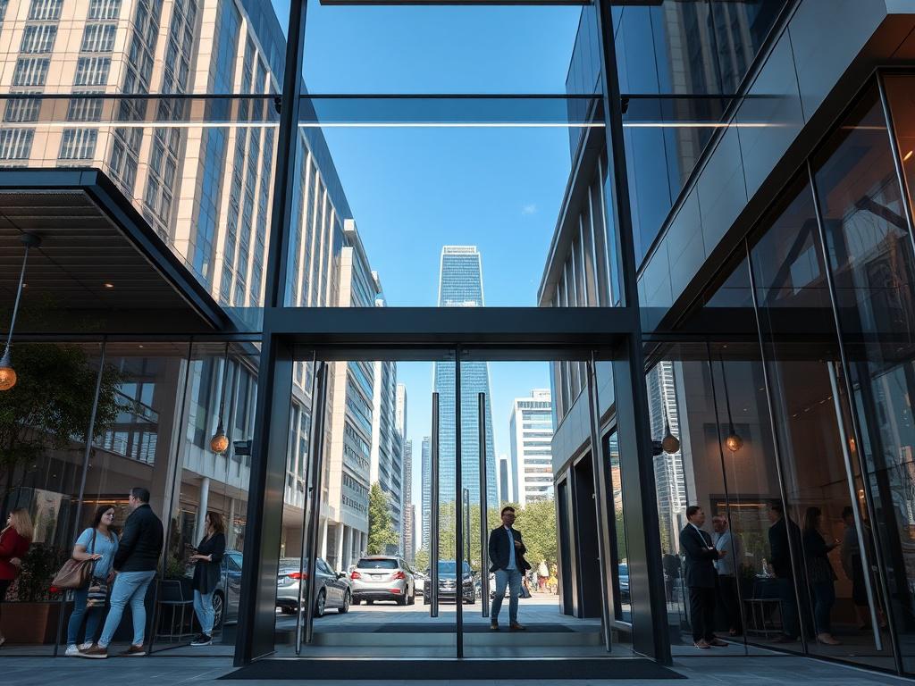 A close up shot of a modern commercial building's entrance,