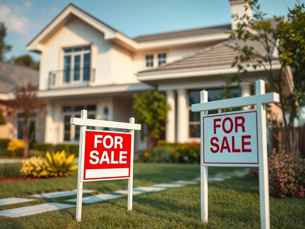 A hyper-realistic close-up shot of a modern house with a 'For Sale' sign in the front yard. The house should be well-maintained, showcasing its elegant architecture and vibrant garden. The background should be blurred to emphasize the house and the sign. The color palette should incorporate shades of rgb(85, 141, 151) to create a cohesive visual theme.