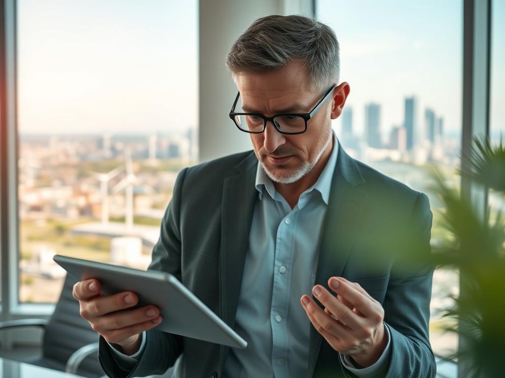 Create a realistic high-resolution photo featuring a focused shot of a professional in an office setting, deeply engaged in examining energy transition strategies. The subject should be a middle-aged male consultant, dressed in smart casual attire, studying a digital tablet displaying graphical representations of renewable energy sources and transition plans. The background should be a modern office environment with large windows letting in natural light, showcasing a view of a city skyline dotted with wind turbines and solar panels in the distance. The composition should be simple and clear, emphasizing the consultant’s intense focus on the task at hand. Use a soft bokeh effect to blur the background slightly, drawing attention to the subject and the tablet. The color palette should integrate shades of green and blue, symbolizing sustainability and clean energy, while incorporating the primary color rgb(122, 86, 4) subtly in the office decor.