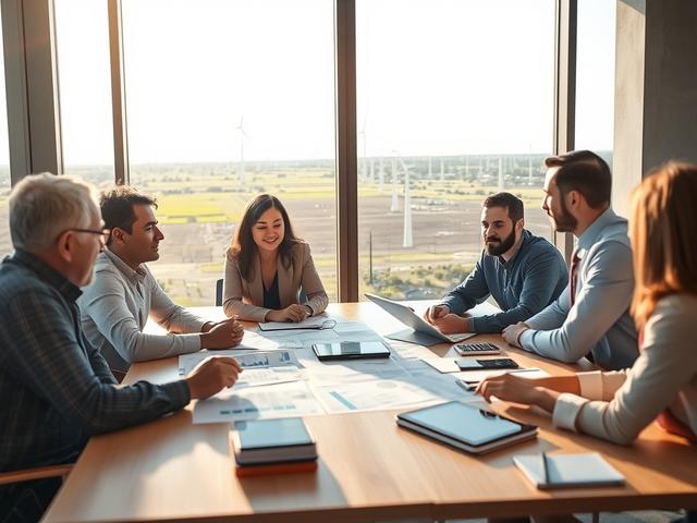 **AI Image Generation Prompt:**

Create a realistic high-resolution photo that represents the essence of the blog titled "The Integrated Energy Transition: From Corporate Targets to Value-Chain Reality." The composition should be simple and clear, featuring a single subject: a diverse group of professionals engaged in a discussion around a large table. They should include men and women of different ethnicities to convey inclusivity in corporate settings. 

The background should depict a modern office enviro