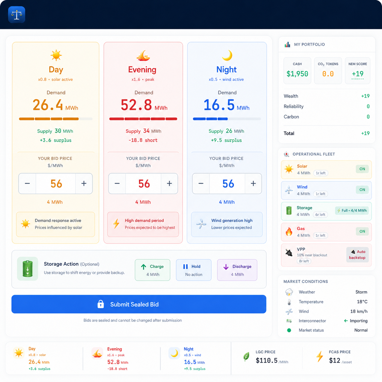 Balance of Power bidding interface showing demand, weather and available generation