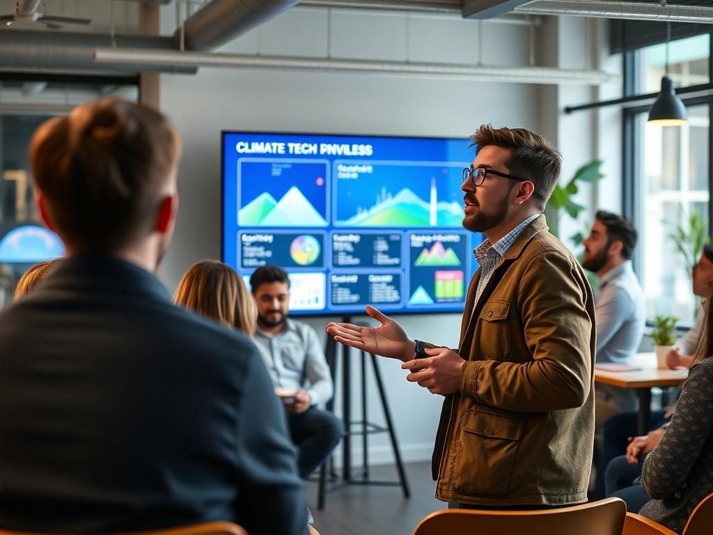 A focused shot of a young entrepreneur presenting a climate-tech pitch in a modern co-working space. The entrepreneur, excited and confident, stands beside a digital display showcasing the business strategy. The audience, a mix of investors and advisors, appears engaged and interested. The environment is vibrant, emphasizing the importance of innovation and operational maturity for attracting investment and scaling.