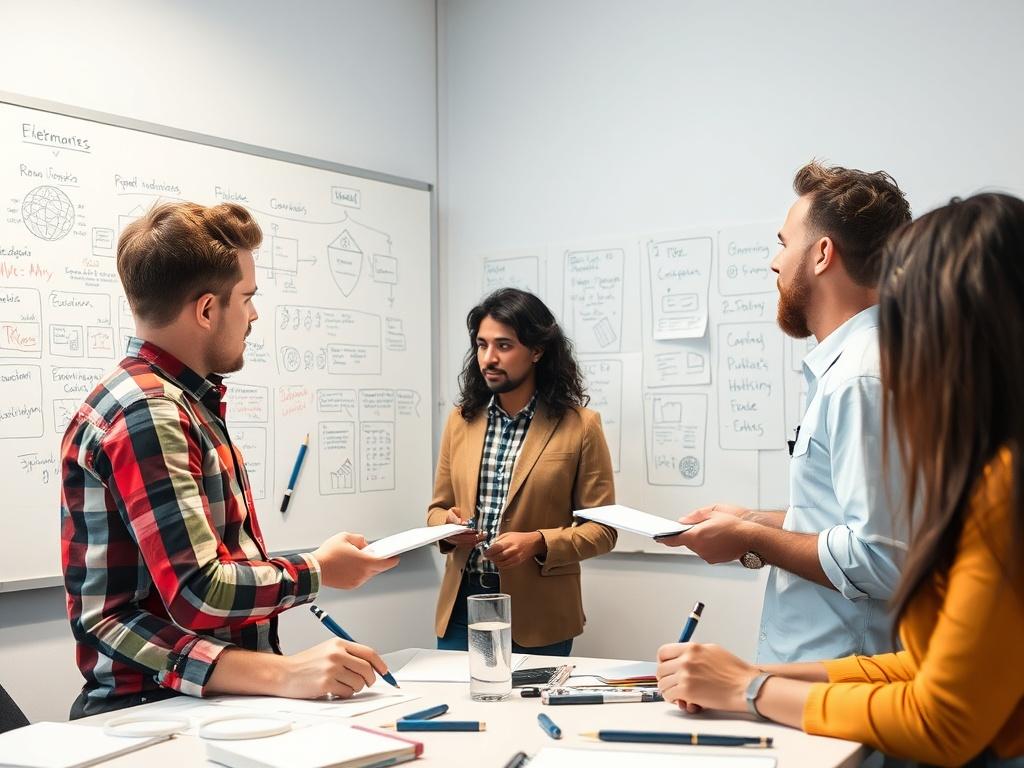A visual representation of a team collaborating on process improvement. The scene shows a whiteboard filled with diagrams and notes, with team members actively discussing and taking notes. The environment is vibrant and dynamic, emphasizing teamwork and engagement. The composition should be clean and focused, capturing the essence of collaborative improvement efforts.