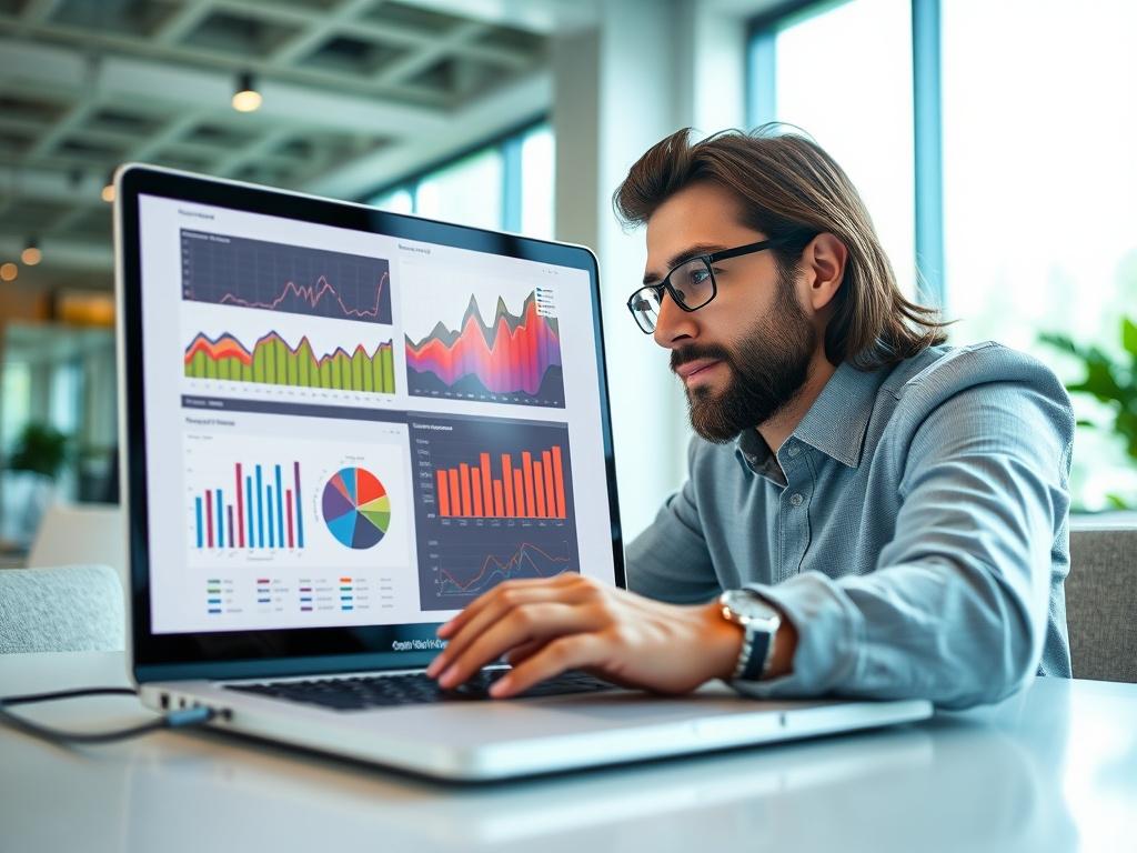 A close-up of a professional analyzing data on a laptop. The screen displays colorful graphs and charts, reflecting analytics insights. The background shows a modern office environment with natural light streaming in. The focus is on the analyst's engaged expression, highlighting the importance of data in decision-making. The composition should be simple and clear, emphasizing the analytical process.
