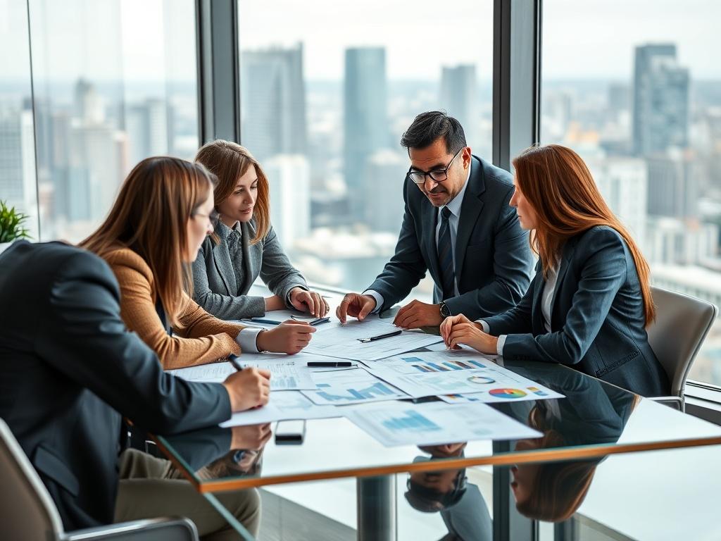A focused business meeting with diverse professionals discussing strategies. The setting features a modern office with a large window showing a cityscape in the background. The professionals are engaged in conversation, with charts and documents spread on the table, showcasing collaboration. The composition should be clear and straightforward, emphasizing the energy and determination of the team.