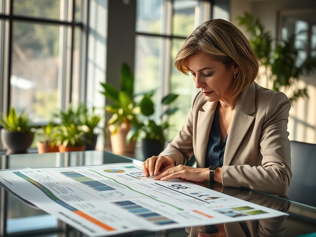 Create a realistic high-resolution photo that embodies the essence of the blog titled "Navigating Energy Transition Strategies." The image should feature a close-up shot of a professional looking at a detailed roadmap laid out on a sleek, modern desk. The subject should be a middle-aged Caucasian woman, dressed in business attire, intently analyzing the roadmap, which visually represents various steps to achieve low-carbon operations. 

The roadmap should include clear, actionable milestones and icons that 