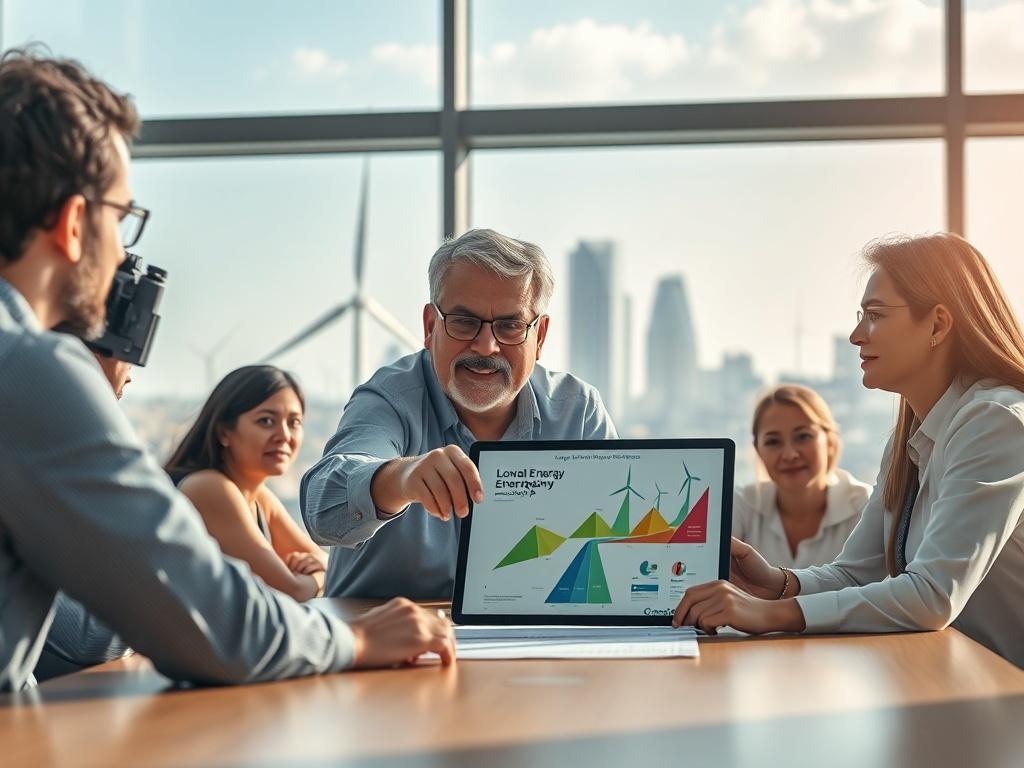 Create a realistic high-resolution image that illustrates the theme "Navigating the Energy Transition". The composition should be simple and clear, featuring a single subject: a diverse group of professionals gathered around a modern conference table, engaged in a serious discussion. The focus should be on a middle-aged male leader pointing at a digital tablet displaying a low-carbon energy roadmap, highlighting essential steps to shift towards low-carbon operations.

In the background, depict large windows with a view of a city skyline showcasing renewable energy structures, such as wind turbines and solar panels, blending urban life with eco-friendly technology. The lighting should be bright and natural, emphasizing the ideas of innovation and progress. Ensure the color palette features earthy tones and greens that resonate with sustainability, while harmonizing with the primary color, rgb(122, 86, 4). Aim for a hyper-realistic style that captures both the human element and the importance of the energy transition.
