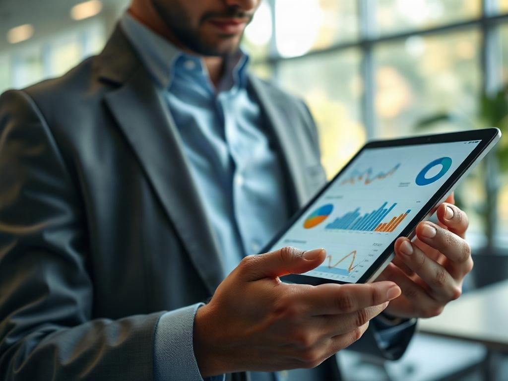 A close-up shot of a professional analyzing ESG performance data on a tablet, with visual graphs and charts prominently displayed, in a modern office space filled with natural light. The scene conveys a sense of focus and determination in driving sustainable performance.