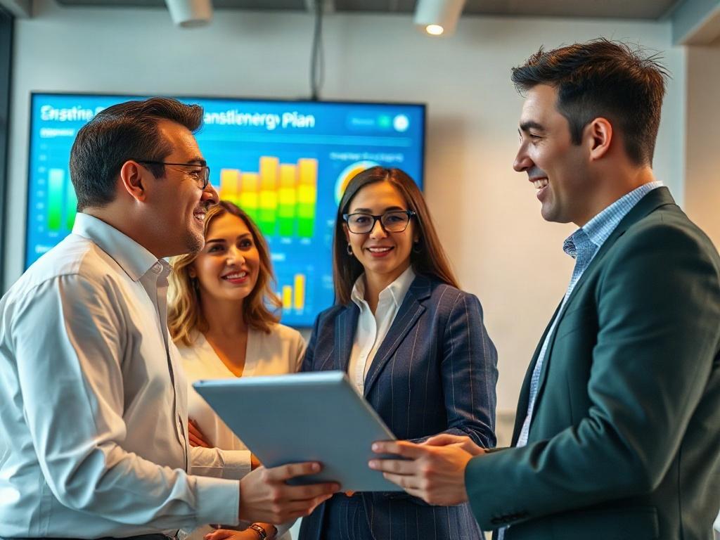 A close-up shot of a diverse group of professionals discussing a strategic energy transition plan in a modern office setting, with graphs and charts on a screen in the background, showcasing a sustainable energy vision. The lighting is warm and inviting, emphasizing collaboration and innovation.