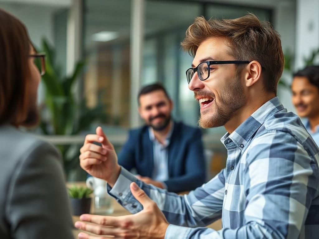 A close-up shot of a passionate entrepreneur presenting a sustainable tech start-up idea to potential investors in a bright, modern meeting room, surrounded by eco-friendly design elements. The atmosphere is dynamic and inspiring, highlighting innovation in climate-tech.