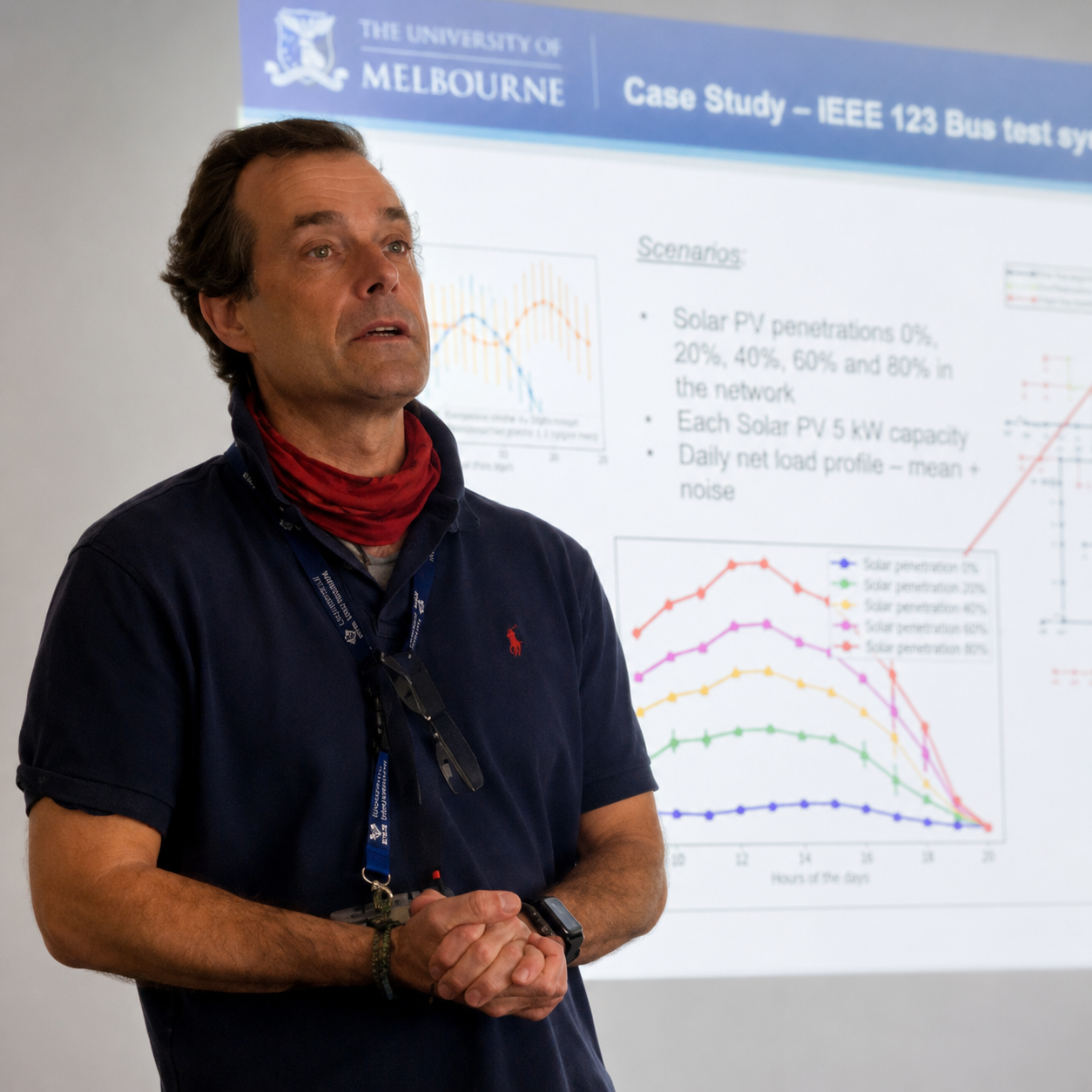 Dr Antonin Demazy de Fortet presenting PhD research on solar PV integration at the University of Melbourne.