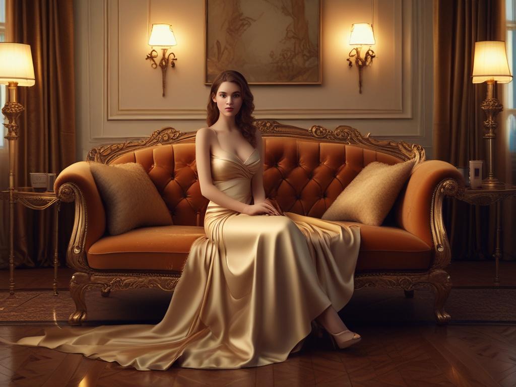 A glamorous escort in an elegant dress, sitting gracefully on