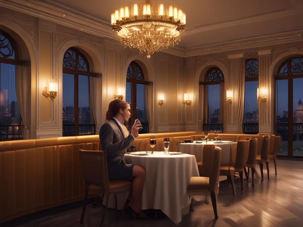 A serene setting featuring a stylishly dressed escort enjoying a