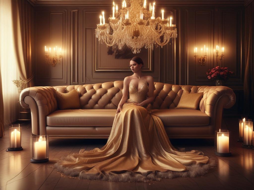 A glamorous escort in an elegant evening gown, seated in