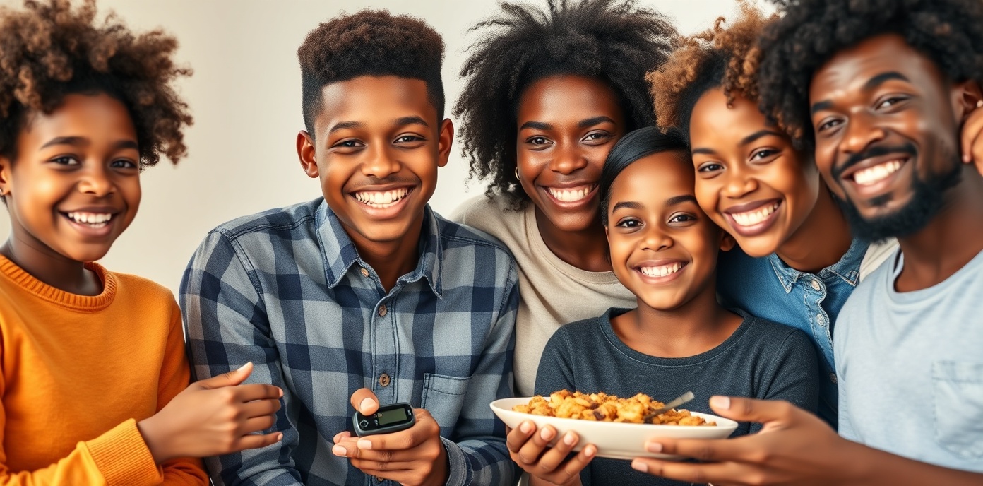 Diverse teenagers and families smiling together, confidently managing Type 1 Diabetes