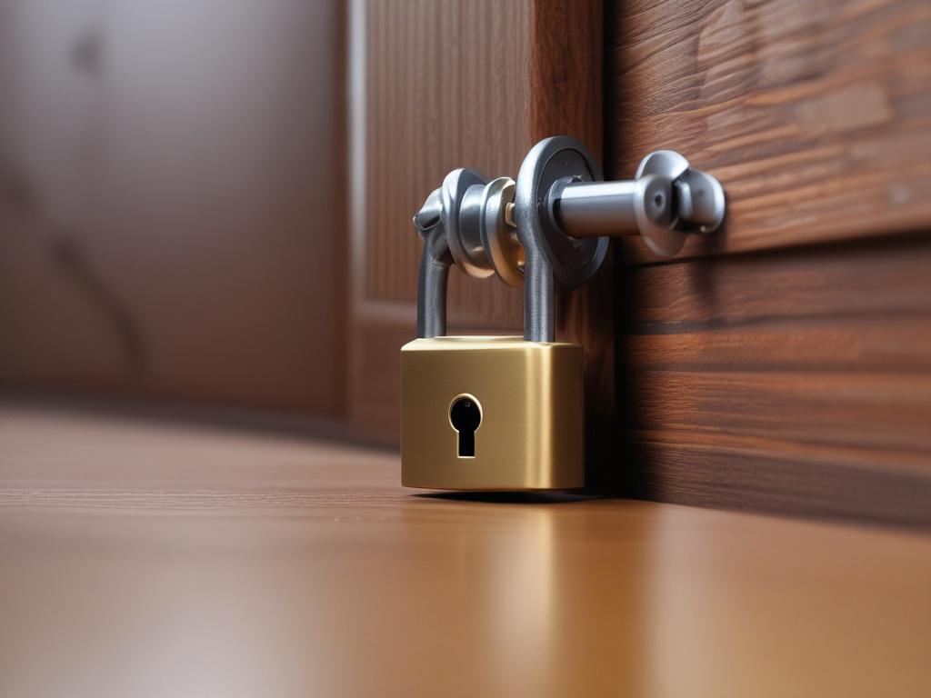 A close-up shot of a lock symbolizing security, placed on a wooden desk. The background should be blurred to focus on the lock. The lighting should be warm and inviting, creating a sense of trust and safety. The color scheme should complement rgb(50, 170, 39), with hints of green and natural tones.