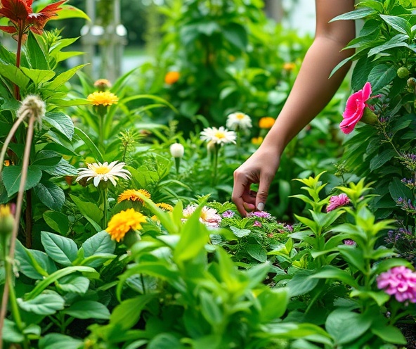 Lush garden with person tending plants