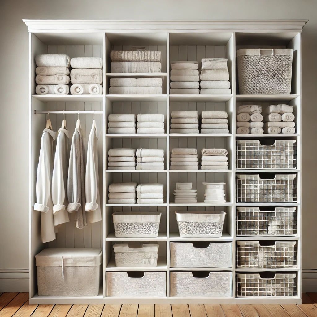 dall·e 2024-11-13 09.56.35 - a realistic linen closet with a modern design featuring multiple shelves in a clean white finish. the closet includes spacious open shelving with neat.webp