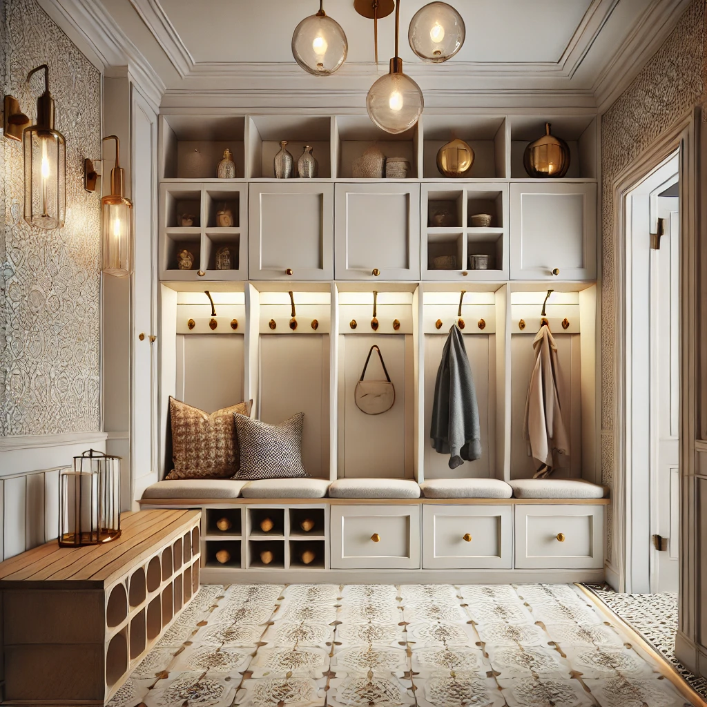 dall·e 2024-11-13 10.33.52 - a stunning and chic mudroom interior design, blending modern elegance with functionality. the mudroom features sleek built-in cabinetry with a mix of .webp