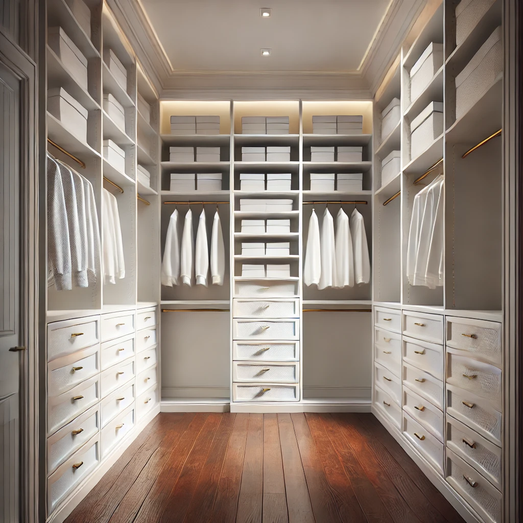 dall·e 2024-11-13 10.14.26 - a realistic narrow walk-in closet with white built-in shelving and cabinets on both sides. the closet has a smooth, high-gloss white finish with brass.webp