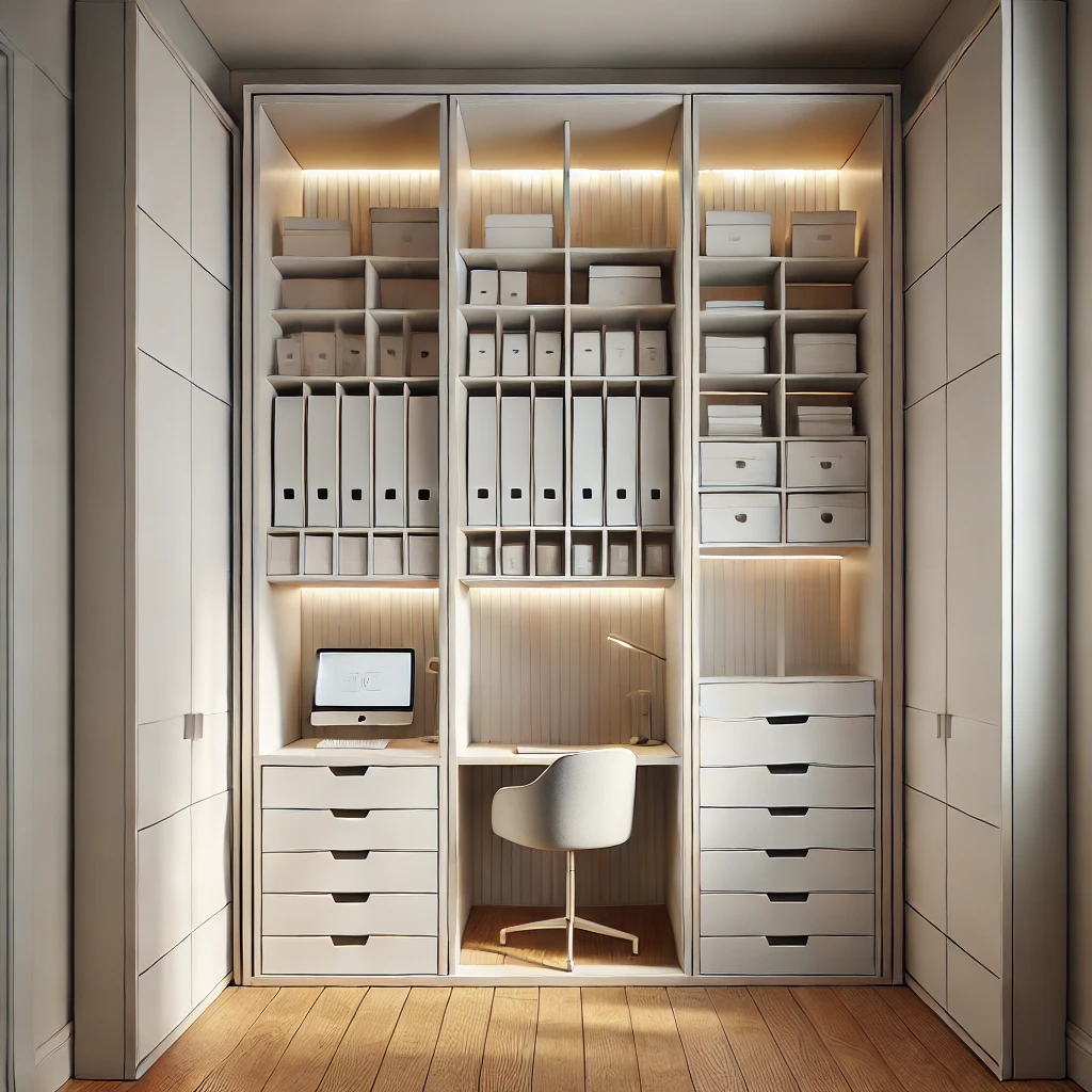 dall·e 2024-11-13 10.11.03 - a highly realistic rendering of a small, modern built-in office closet with organized shelves and drawers. the structure is set inside a minimalist ro.webp