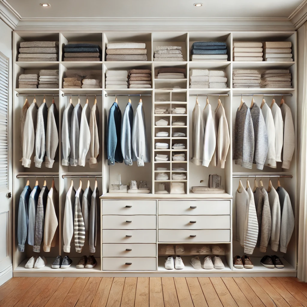 dall·e 2024-11-13 09.56.13 - a realistic closet interior with a modern design featuring multiple sections. the closet has a combination of hanging spaces, open shelves, and drawer.webp