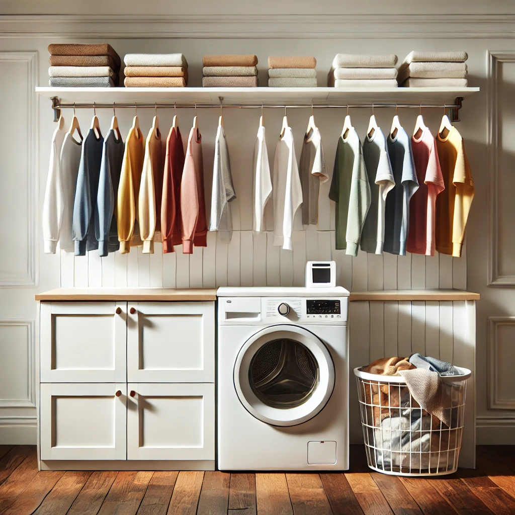 dall·e 2024-11-13 10.29.32 - a realistic laundry room setup with a central laundry island for folding clothes. the island is white with a countertop and has lower cabinets for sto.webp