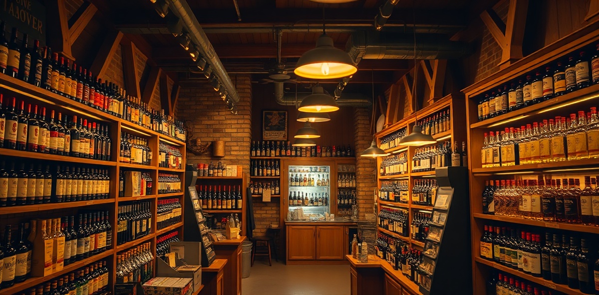 Warm interior of liquor store with bottles and wooden shelves