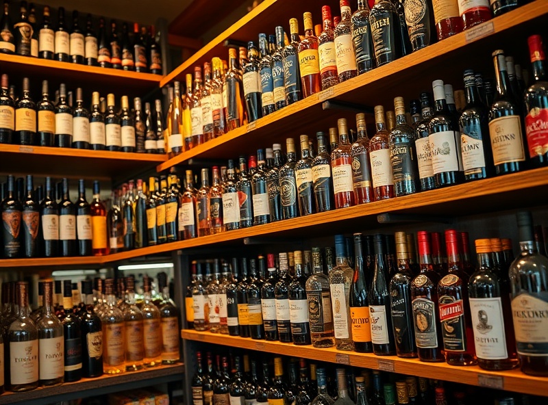 Well-stocked liquor store shelves with wines, whiskeys, and spirits