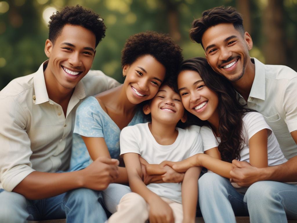 A close-up shot of a smiling diverse family, showing support and care, in a warm, inviting environment with soft natural lighting, emphasizing love and togetherness, shot with a 45mm f/1.2 lens.