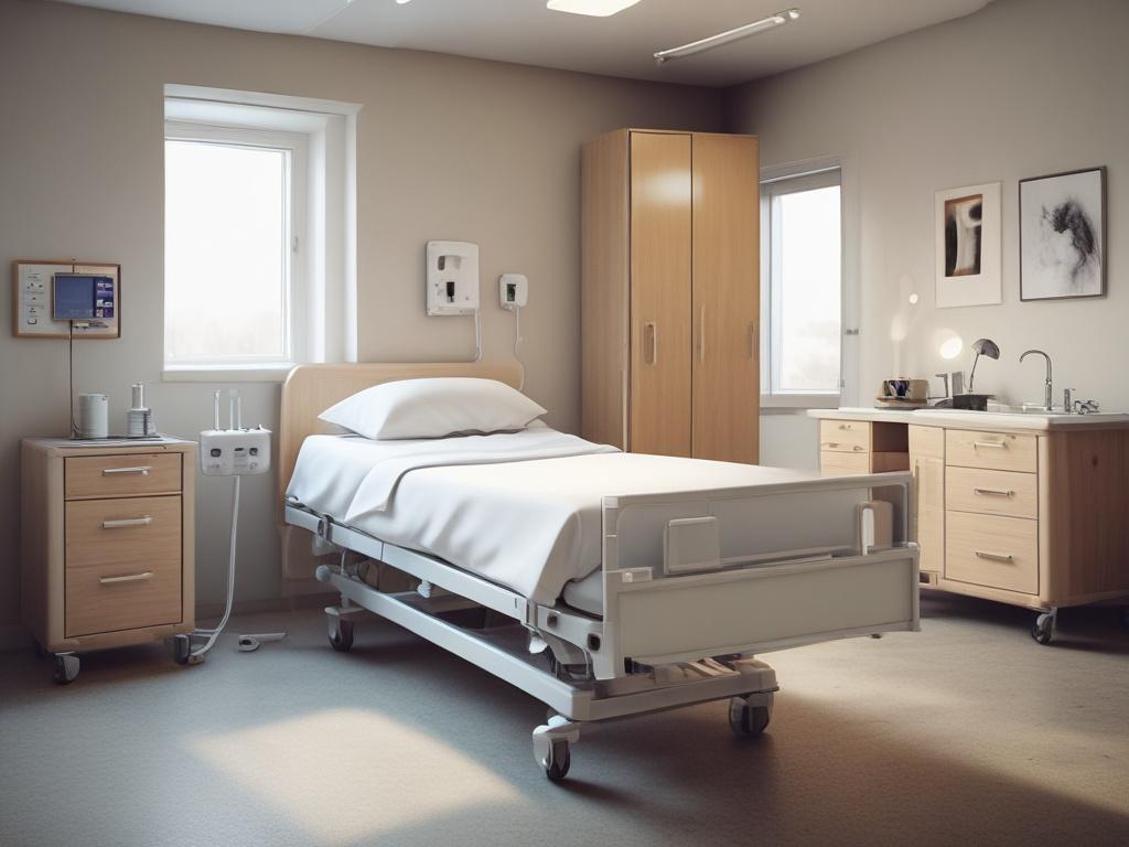A close-up shot of a hospital room with a focus on a comfortable hospital bed, medical equipment in the background, and soft, warm lighting creating a welcoming atmosphere, shot with a 45mm f/1.2 lens style.