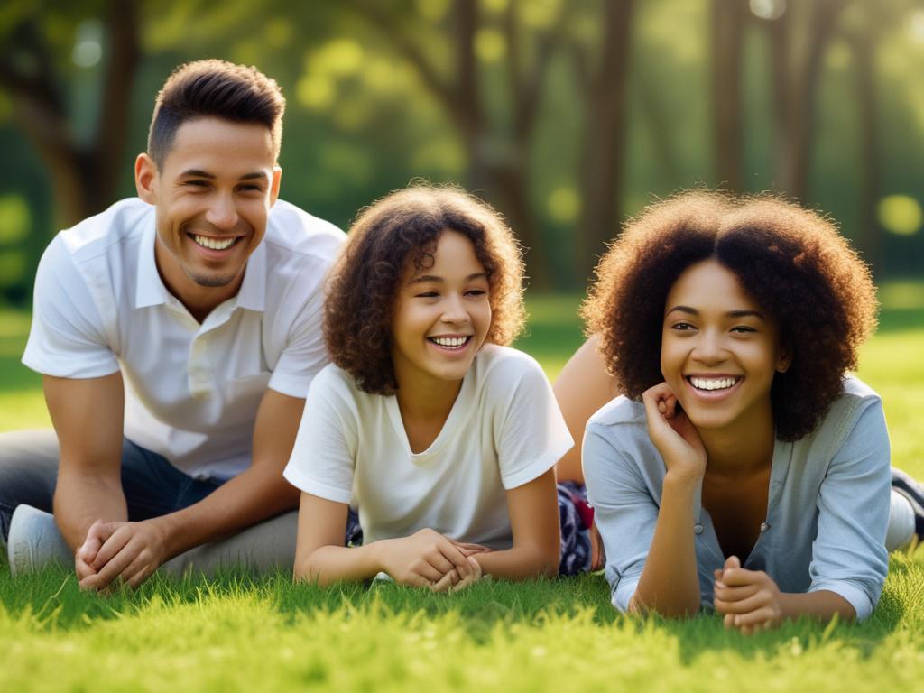 A close-up shot of a happy family, with parents and two children, smiling outdoors in a park, vibrant greenery in the background, captured with a 45mm f/1.2 lens, hyper-realistic style.