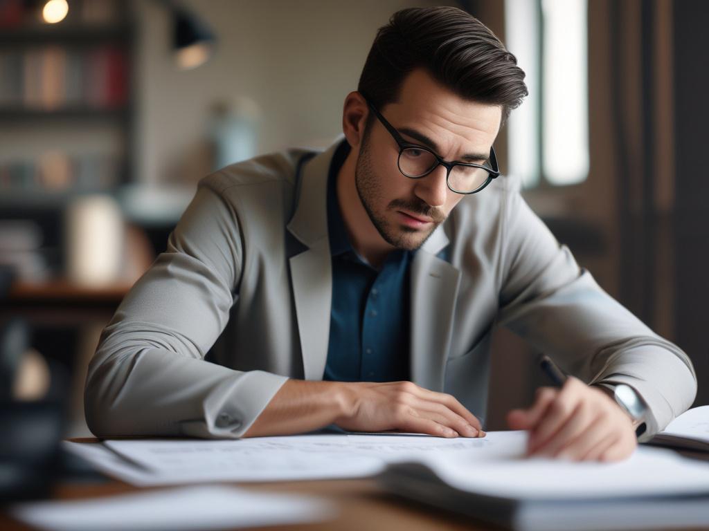 A close-up of a concerned individual reflecting on their future, seated at a desk with documents and a pen, soft focus background, captured with a 45mm f/1.2 lens, hyper-realistic style.