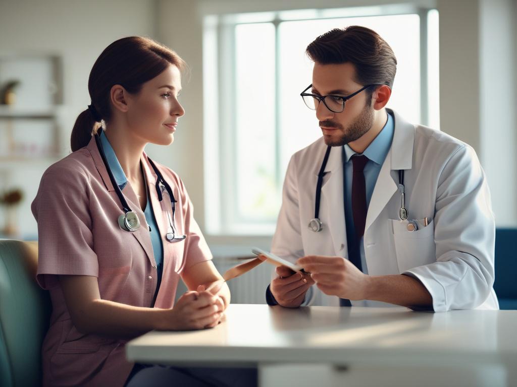 A close-up of a healthcare professional consulting a patient in a bright, modern clinic, warm lighting, focusing on their interaction, captured with a 45mm f/1.2 lens, hyper-realistic style.