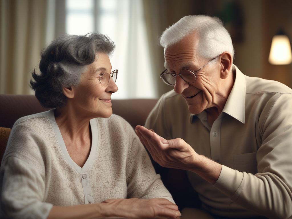 A serene home environment with a close-up of an elderly individual receiving care from a compassionate caregiver. The scene is warm and inviting, with soft lighting emphasizing comfort and safety. The background showcases a cozy living room with personal touches, creating an atmosphere of care and support.