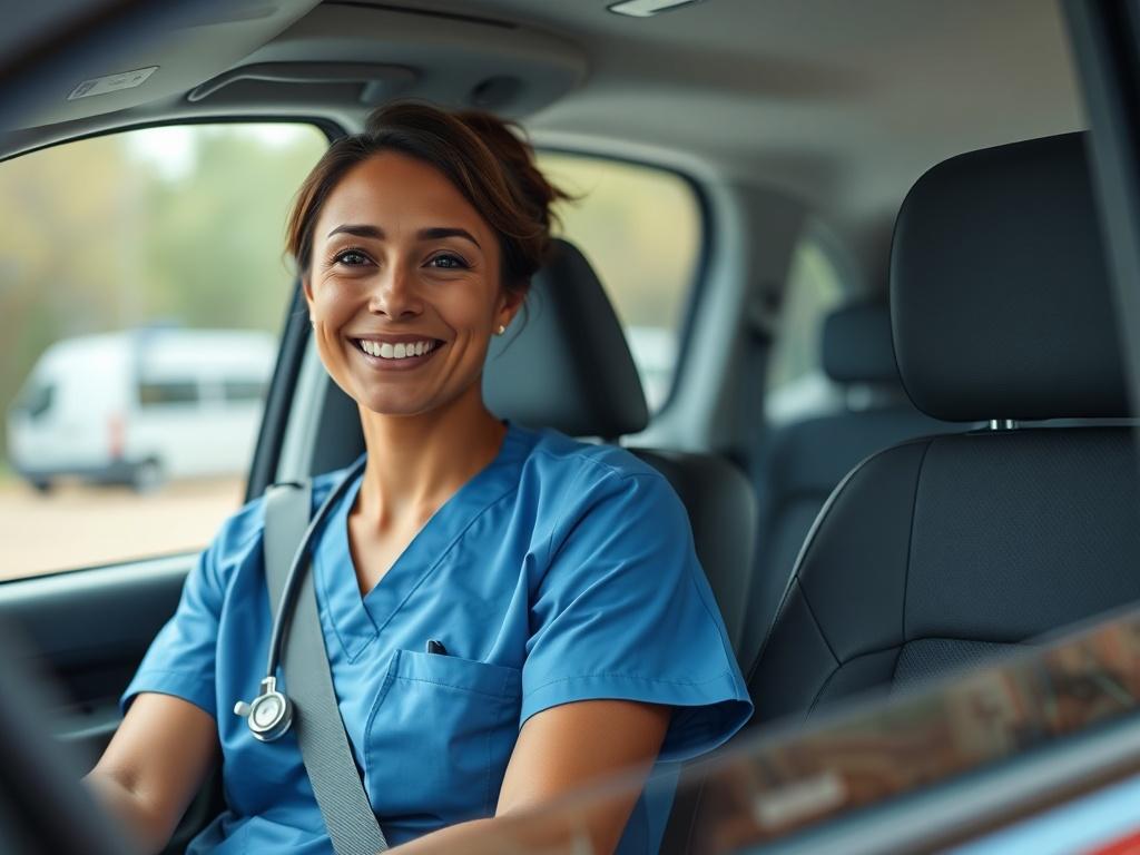 A close up shot of a healthcare worker in scrubs,