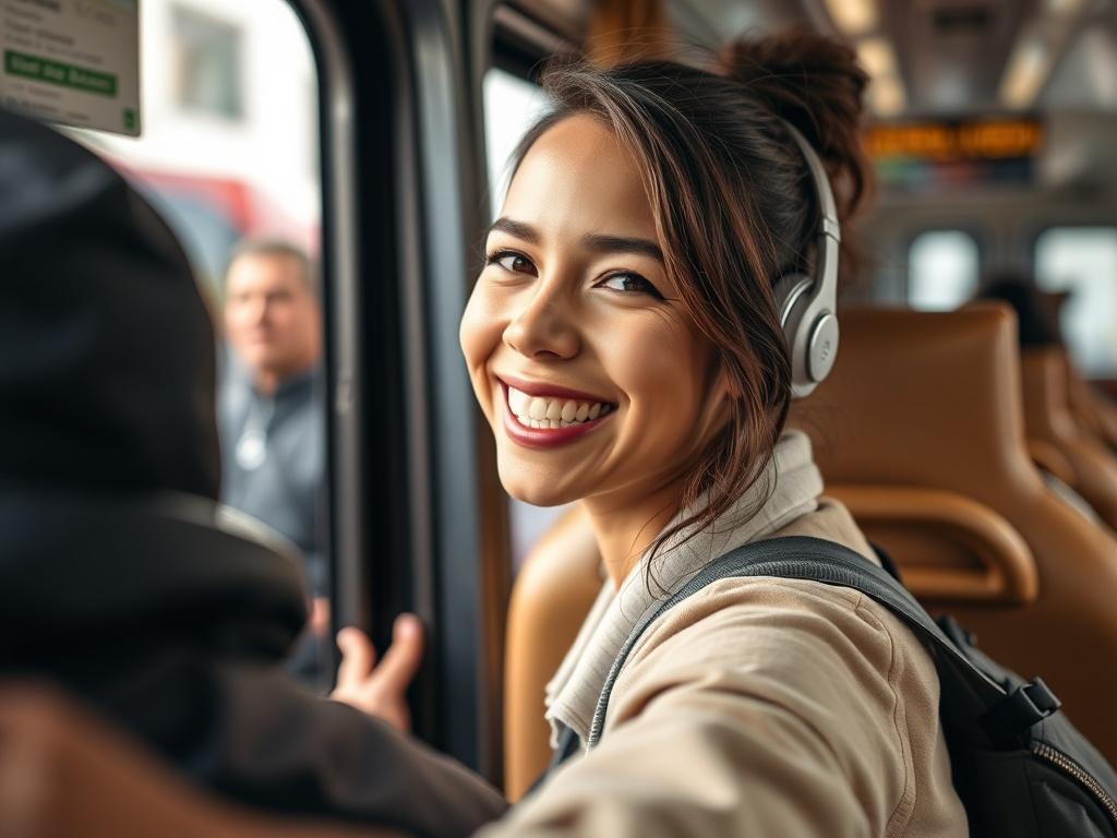 A smiling individual boarding a vehicle, showcasing the convenience of