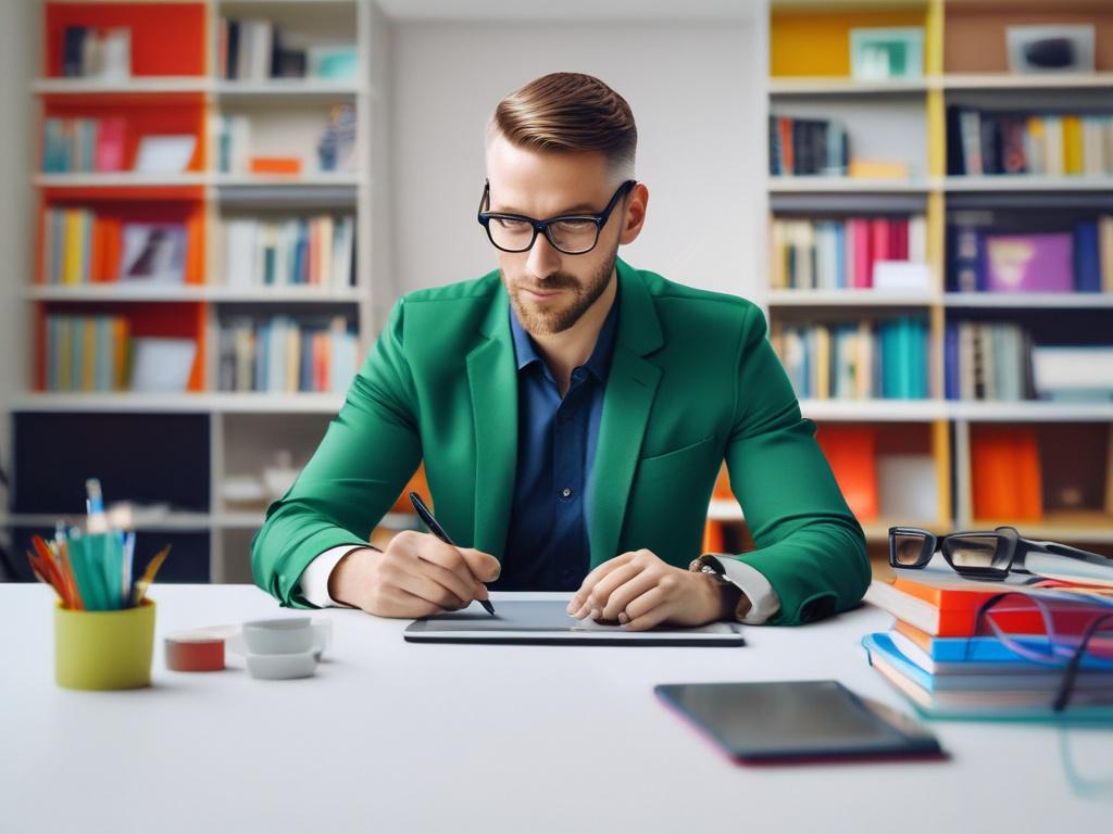 A minimalistic and photorealistic image of a brand strategist working