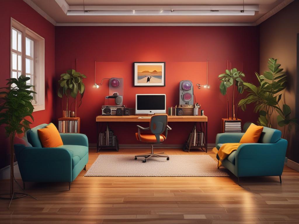 a high-resolution image of a cozy podcast studio with a microphone and headphones, warm lighting, minimalistic decor, featuring bold vibrant colors, and a serene atmosphere.