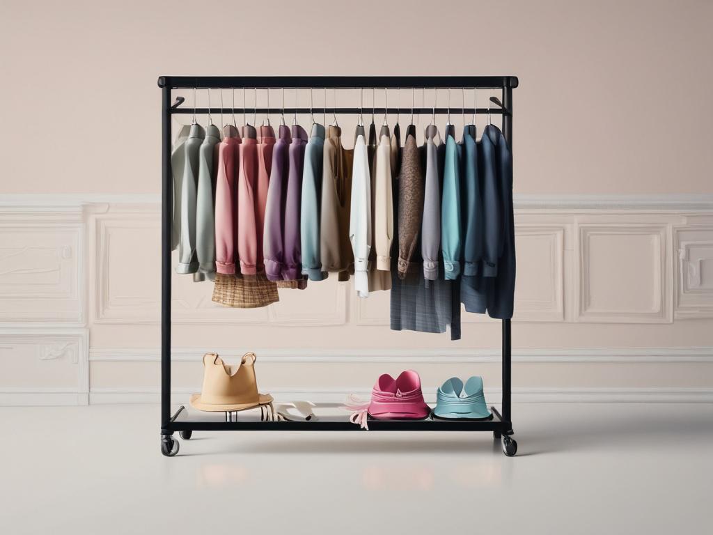 a high-resolution image of a stylish clothing rack featuring unique apparel and accessories, with bold colors and clean lines, set in a minimalistic background.