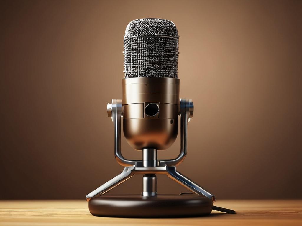 a high quality microphone on a sleek wooden table, warm