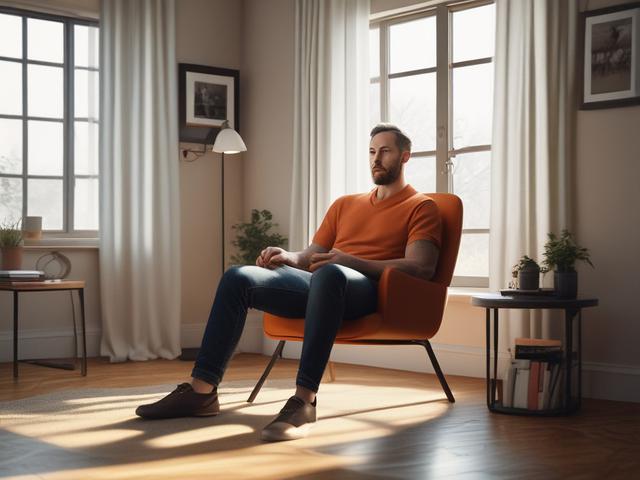 Create a realistic high-resolution photo depicting a solitary, confident individual sitting in a cozy, softly lit room. The subject should be a diverse adult, clad in stylish, bold lingerie, embodying a sense of empowerment and self-expression. Their posture is relaxed yet inviting, with a slight smile hinting at the allure of their fantasies.

The background should feature minimalist decor, emphasizing clean lines and a modern aesthetic. Consider soft furnishings that reflect the primary color #FF6E4E, suc