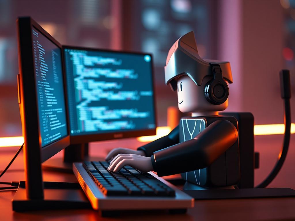 A hyper-realistic, high-resolution close-up photo of a Roblox character programming at a computer. The character is focused, sitting in front of a sleek modern computer with code visible on the screen. The background is softly blurred to emphasize the subject. The lighting highlights the character's concentration and the computer's details. The image uses a 45mm f/1.2 lens style to create a sharp focus on the character and the keyboard, with a warm tone compatible with rgb(193, 153, 87) as the primary color
