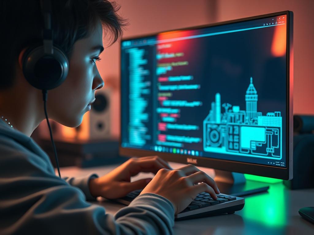 Create a realistic high-resolution close-up photo using a 45mm f/1.2 lens style, capturing a single focused subject that embodies the concept of "Mastering Advanced Systems in Roblox." The subject is a young, focused developer working intently on a sleek computer screen displaying complex Roblox coding and 3D modeling elements, subtly reflected on the screen's surface. The composition is simple and clear, emphasizing the developer’s hands on the keyboard and the intricate digital designs on the monitor, sym