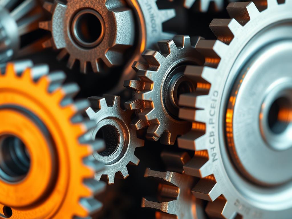 A hyper-realistic close-up photo of a metallic gear mechanism intricately interlocking, shot with a 45mm f/1.2 lens style. The gears have a warm rgb(193, 153, 87) tint, with sharp details highlighting their textures and mechanical precision. The background is softly blurred, focusing attention on the complex and finely crafted gear system, evoking a sense of advanced engineering and functionality.