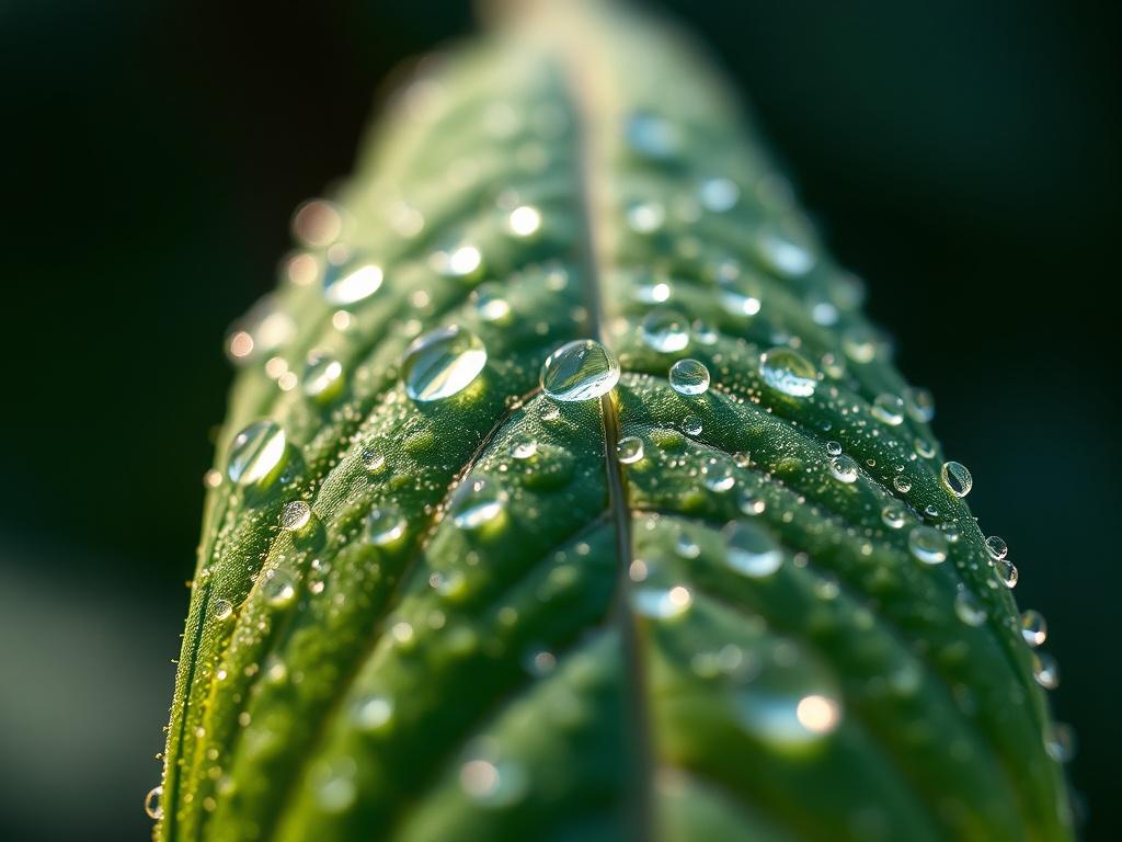 A hyper-realistic close-up photo of a natural landscape element, such as a dew-covered leaf, captured with a 45mm f/1.2 lens style. The leaf is illuminated with soft light in rgb(193, 153, 87) tones, showcasing fine water droplets and detailed textures. The background is blurred to emphasize the leaf’s intricate surface, evoking a sense of natural beauty and environmental depth.
