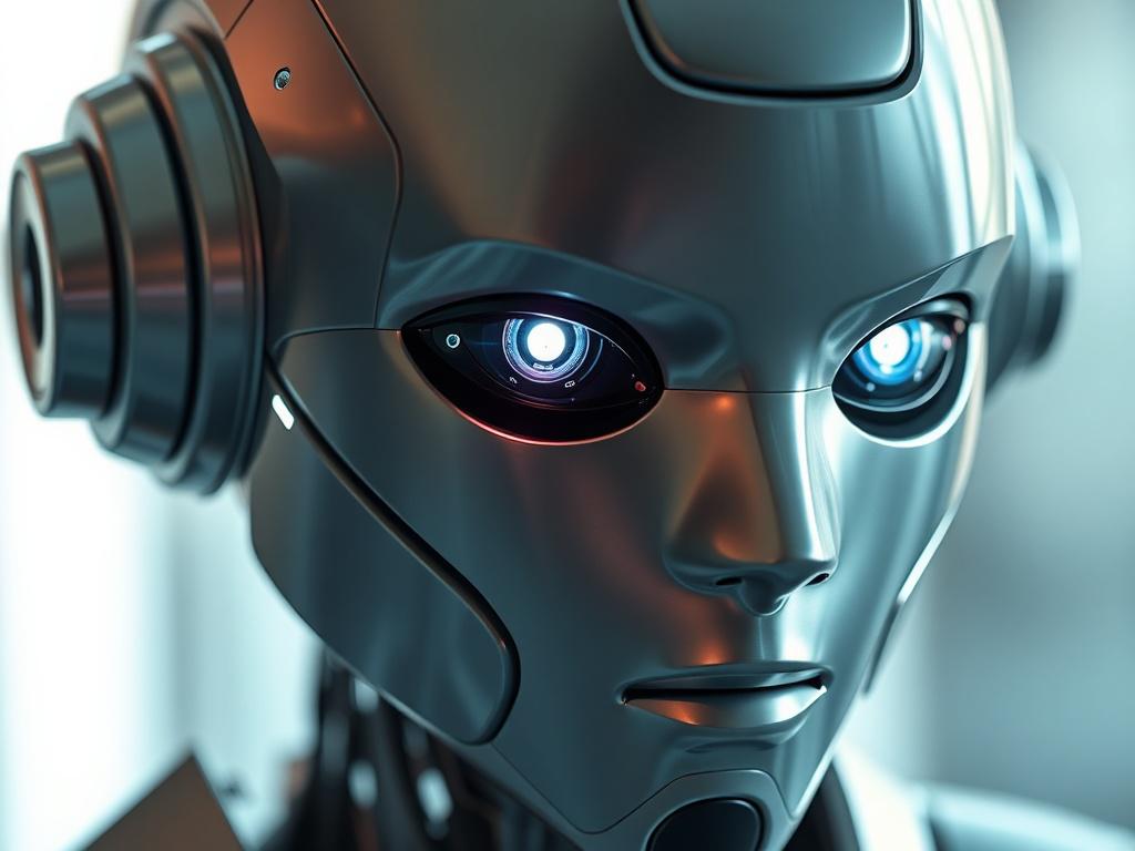 A hyper-realistic close-up photo of a futuristic AI robot character designed for gaming, captured with a 45mm f/1.2 lens style. The robot has expressive eyes glowing softly in rgb(193, 153, 87), with a sleek metallic finish reflecting subtle ambient light. The background is blurred, emphasizing the detailed textures and contours of the robot's face, creating a captivating and immersive image.