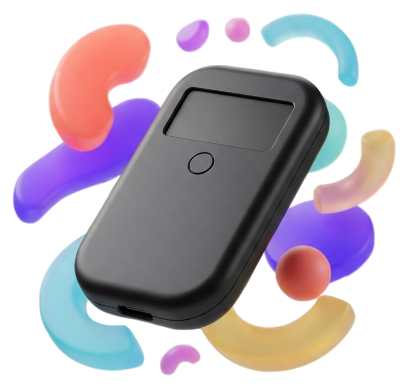 A generic dark hardware wallet device surrounded by colorful abstract shapes