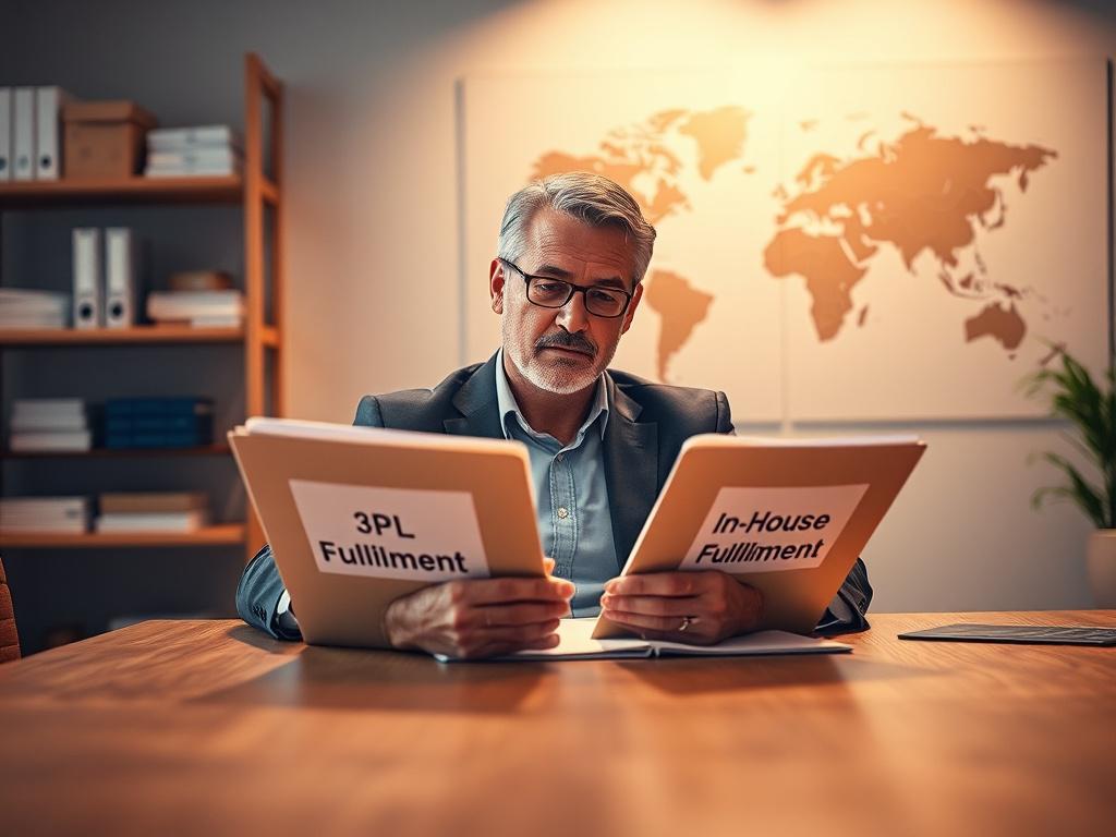 **Prompt for AI Image Generation:**
Create a realistic high-resolution photo of a professional business consultant sitting at a sleek modern desk in an office environment. The consultant, a middle-aged individual, portrays a thoughtful expression while examining two folders labeled "3PL Fulfillment" and "In-House Fulfillment." The focal point is the consultant, highlighted by the soft focus of the background, which includes shelves filled with organizational materials and a subtle world map on the wall to